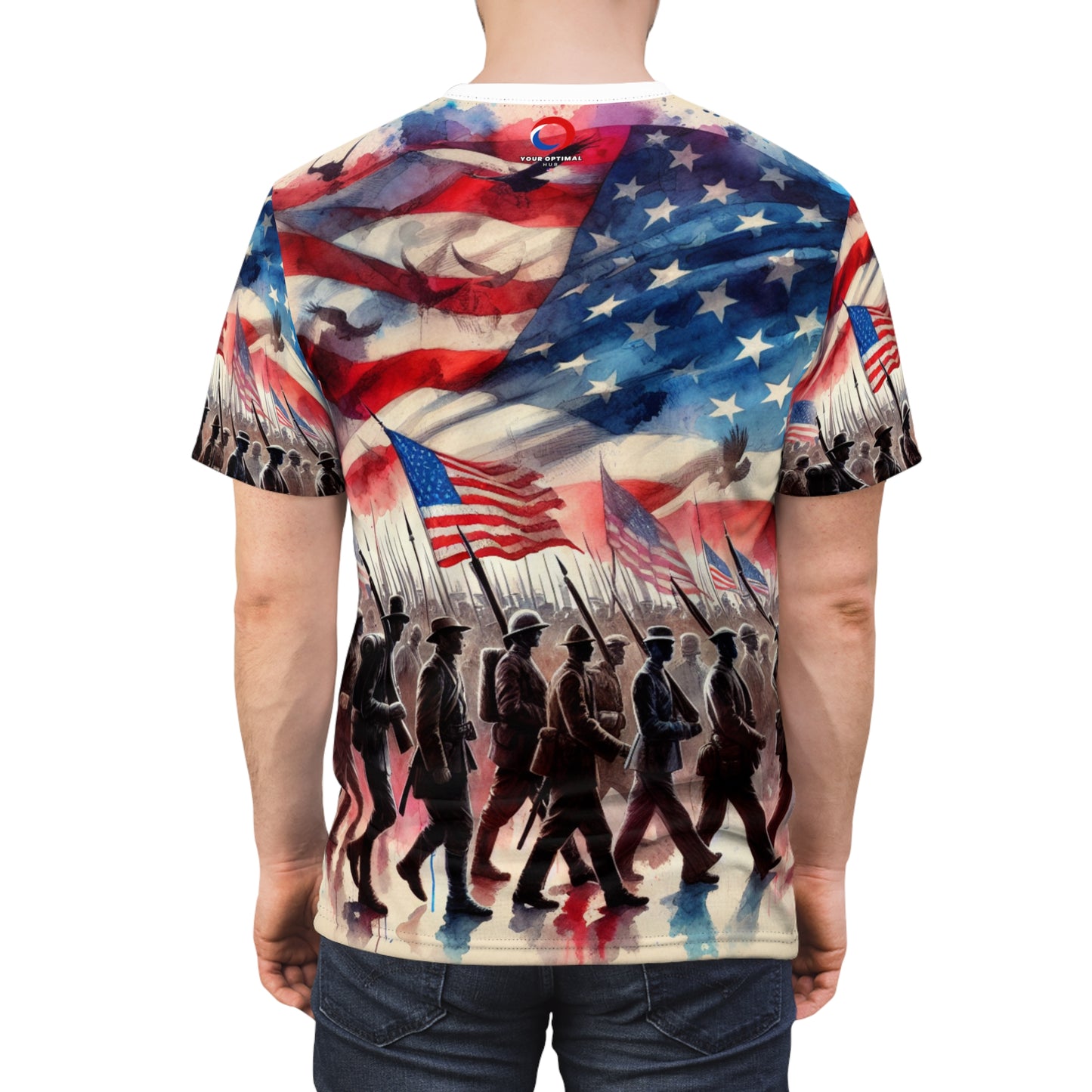 United We Stand: American Unity & Valor - Historical Soldier Silhouettes Watercolor Patriotic T-Shirt - Patriotic Streetwear Tee