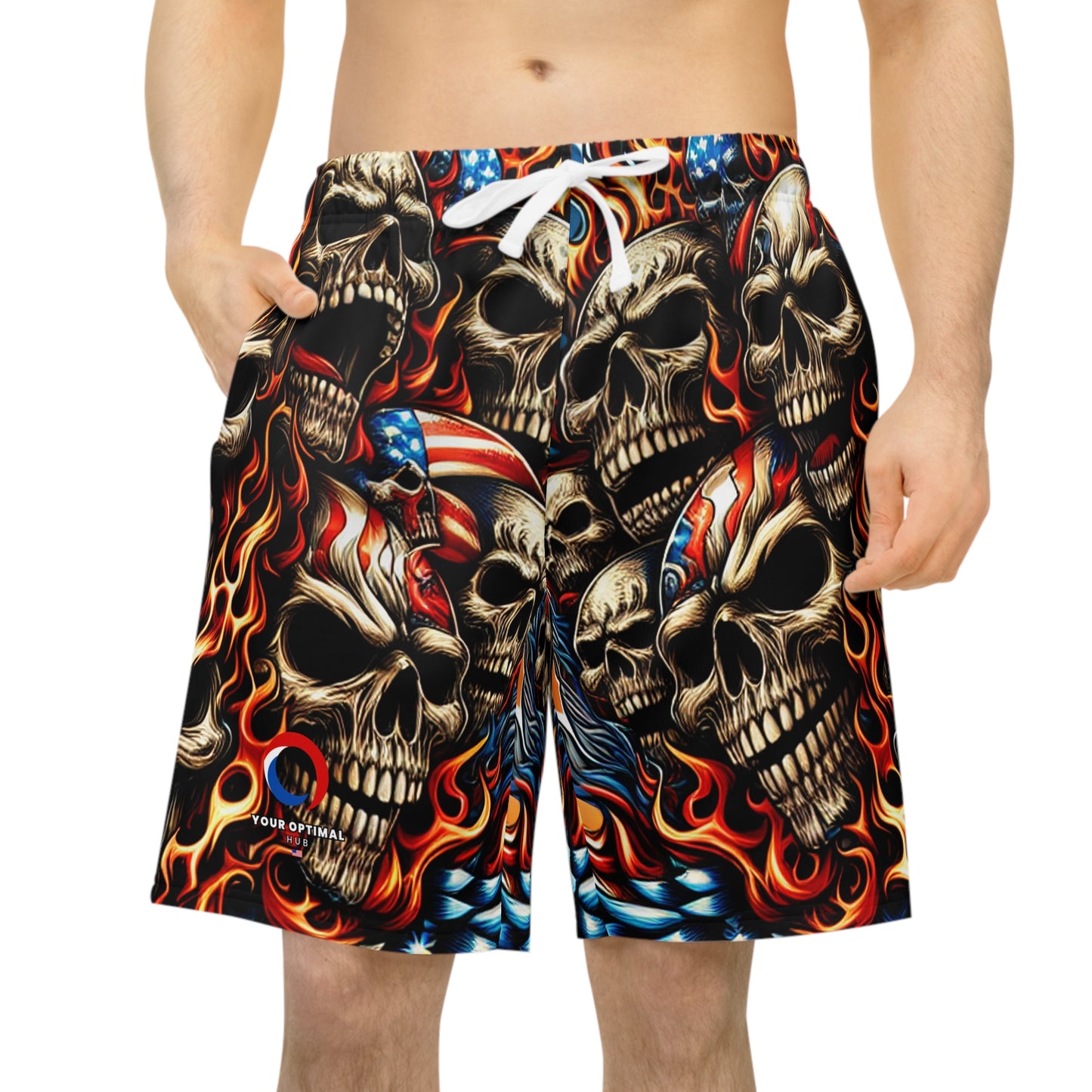 Fiery Patriotic Pledge: Skulled Inferno Fusion Tattoo-Styled Shorts - Patriotic Streetwear Shorts