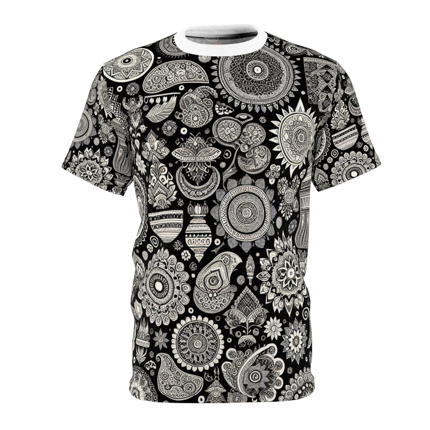 Black & White Indian Heritage Motif T-shirt - Intricate Traditional Designs with Modern Minimalist Aesthetic - Traditional Indian Motifs Tee