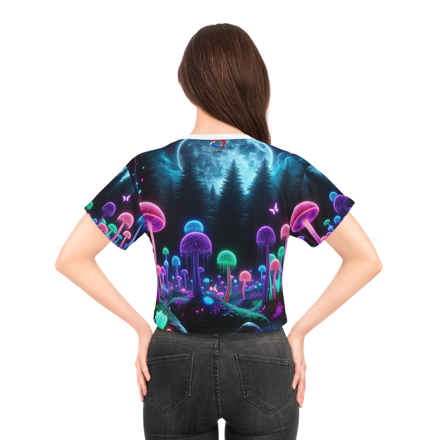 Blacklight Forest Fantasy Women's Crop Tee: UV-Reactant Neon Mushrooms, Full Moon & Magical Fireflies - Women's Blacklight Tee