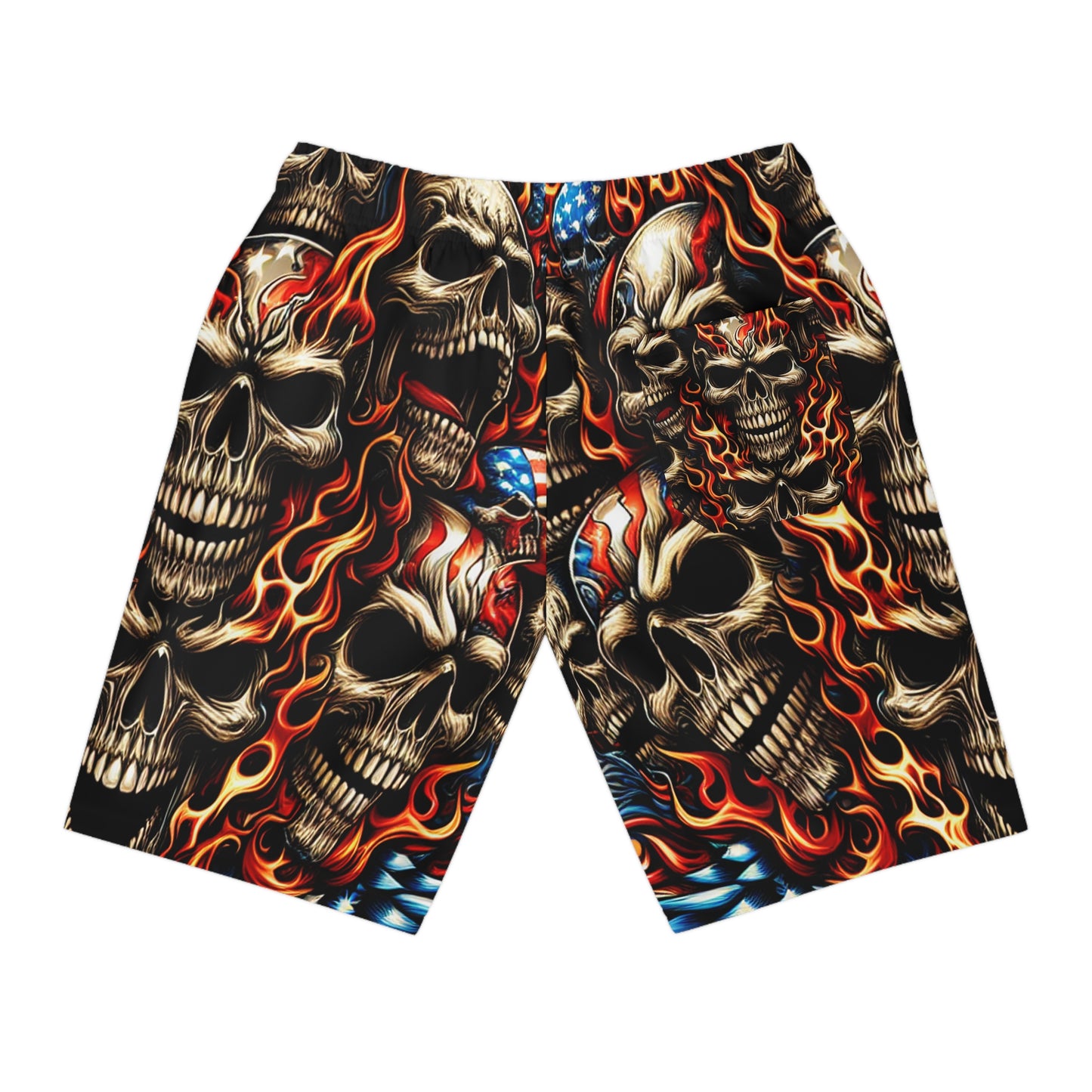 Fiery Patriotic Pledge: Skulled Inferno Fusion Tattoo-Styled Shorts - Patriotic Streetwear Shorts