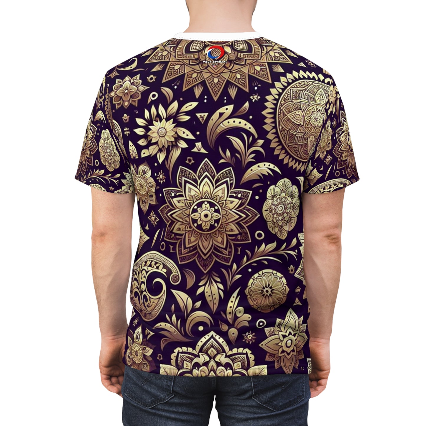 Premium Ethnic Gold & Purple T-Shirt with Traditional Indian Motifs - Seamless Pattern Design with Intricate Floral and Geometric Shapes - Luxurious Reflect Tee