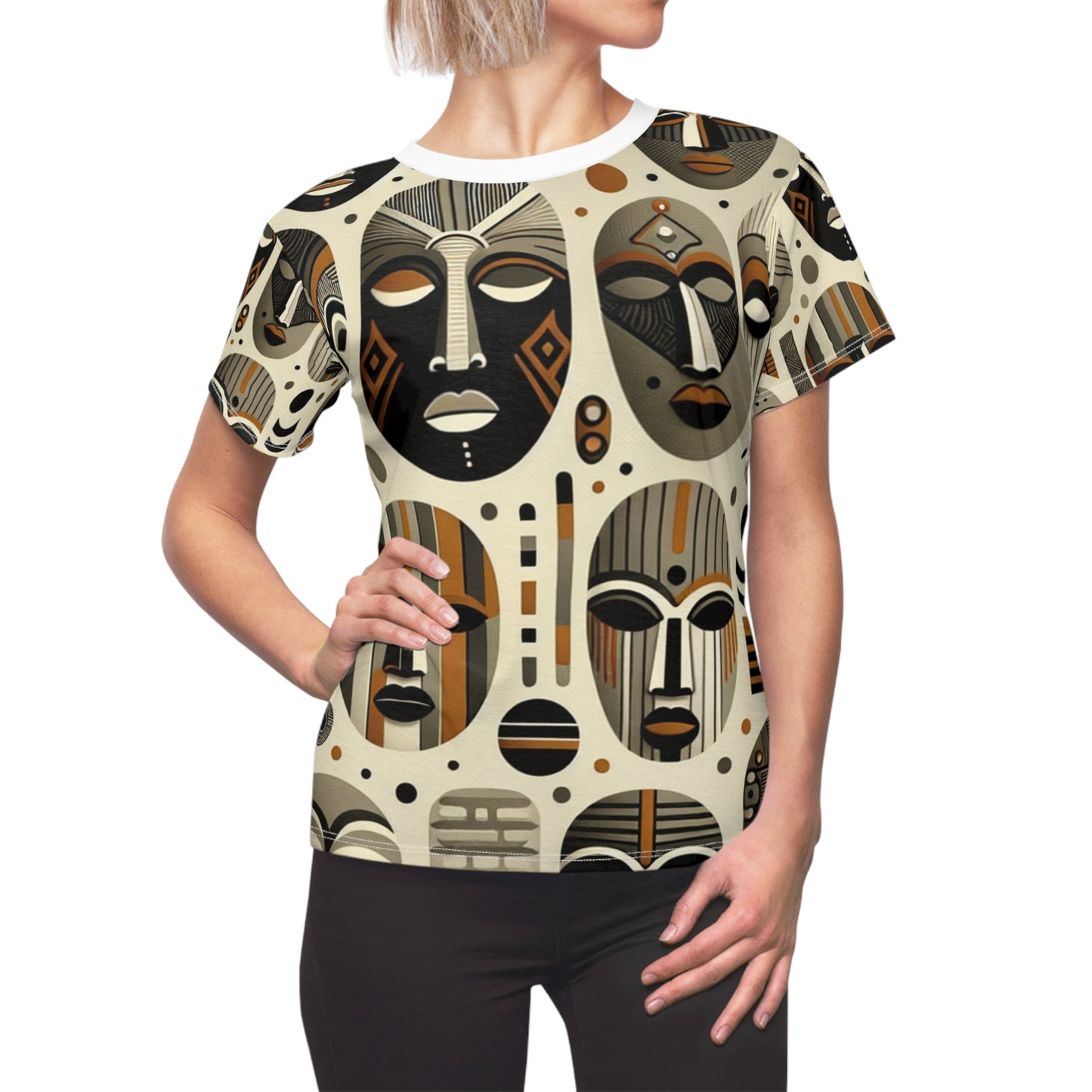 African Heritage Artistry: Women's Tee with Rich, Monochromatic Masks Tapestry, Modern Meets Tradition - African Tribal Pattern-Inspired