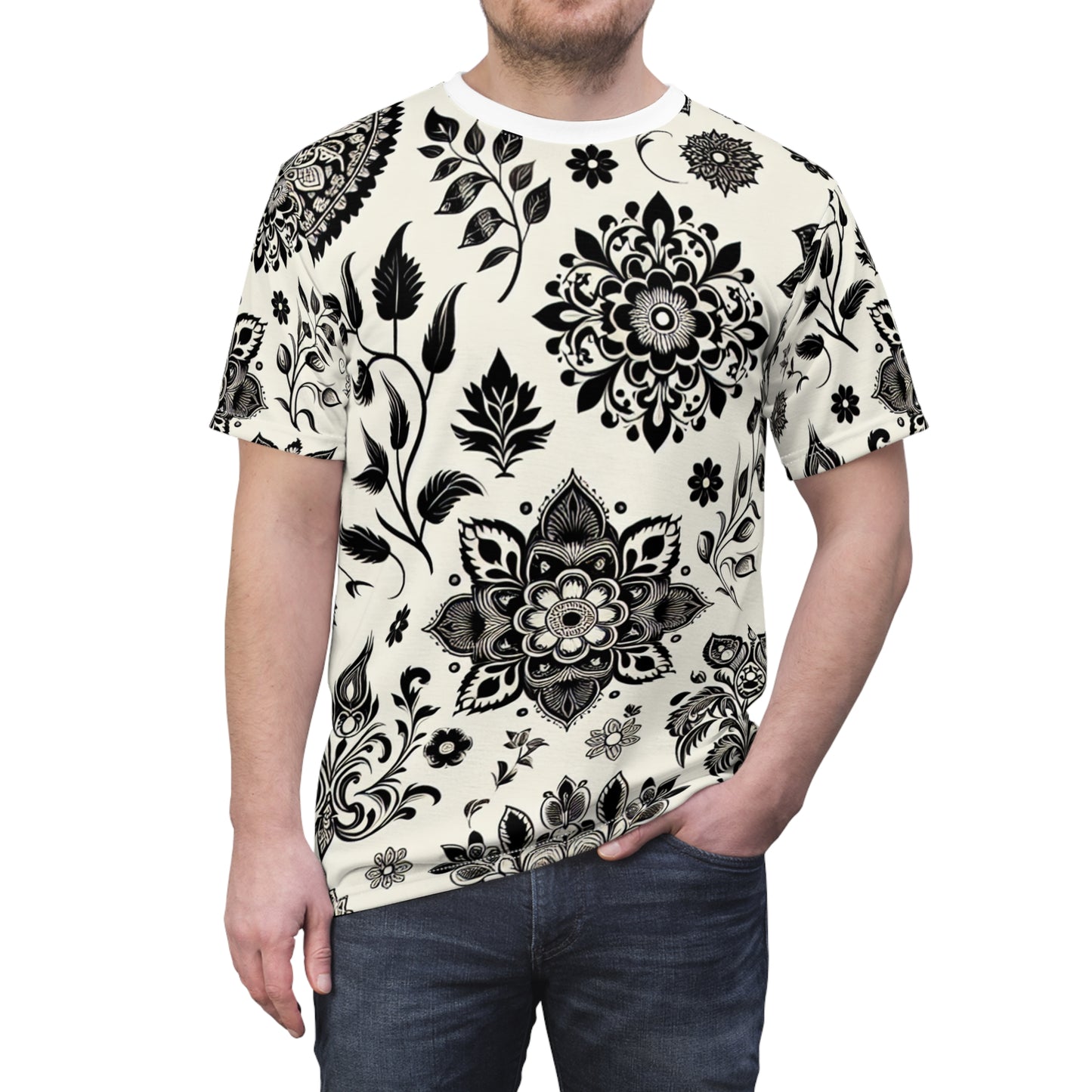 Classic Indian Motifs Designer Tee - Black on White Intricate Floral Geometric Pattern - Inspired by Traditional Indian Heritage with Modern Minimal Aesthetic