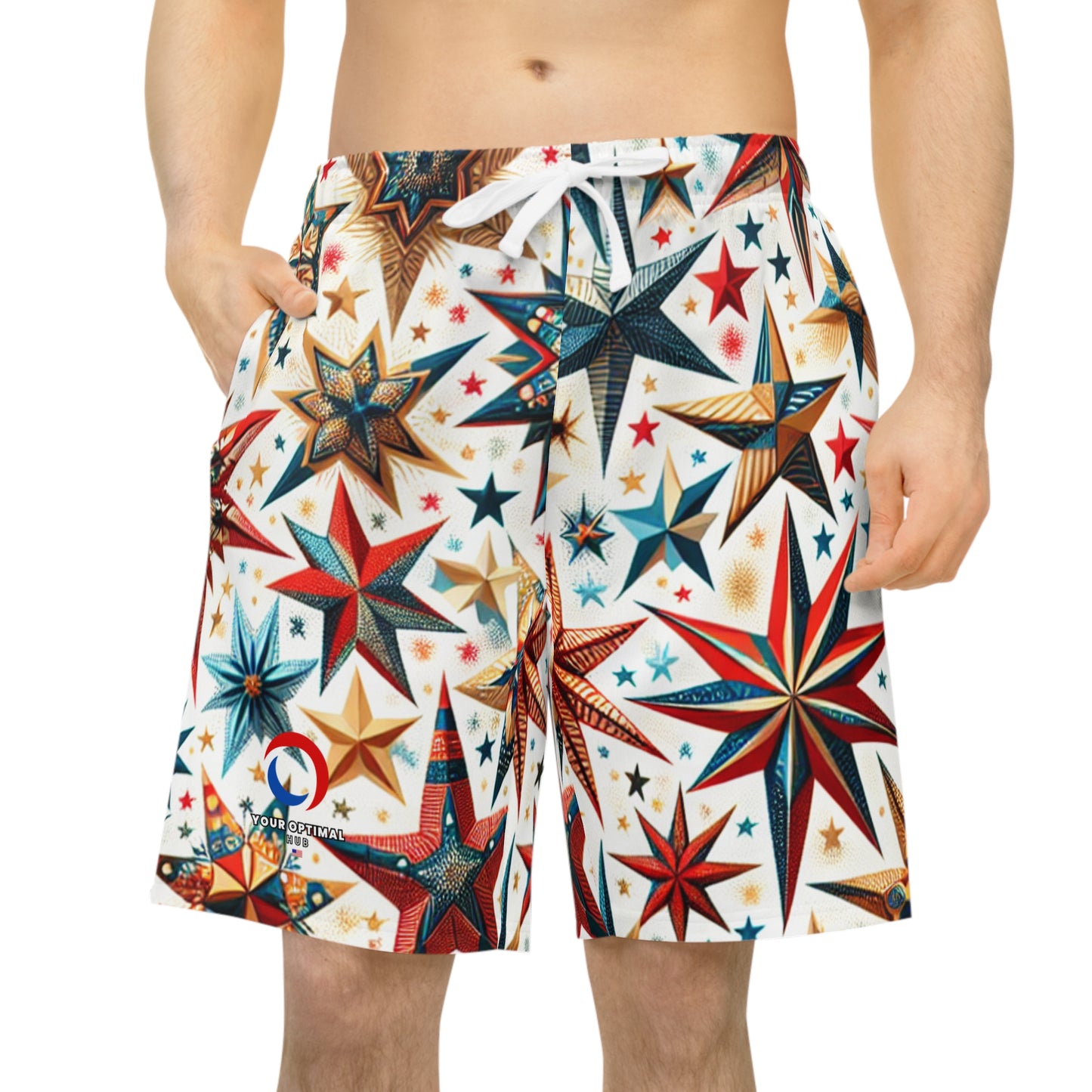 Festive Patriotic Star-Scattered Shorts - Red, Blue, Gold Stars on White - Perfect for 4th of July Celebrations - Patriotic Streetwear Shorts