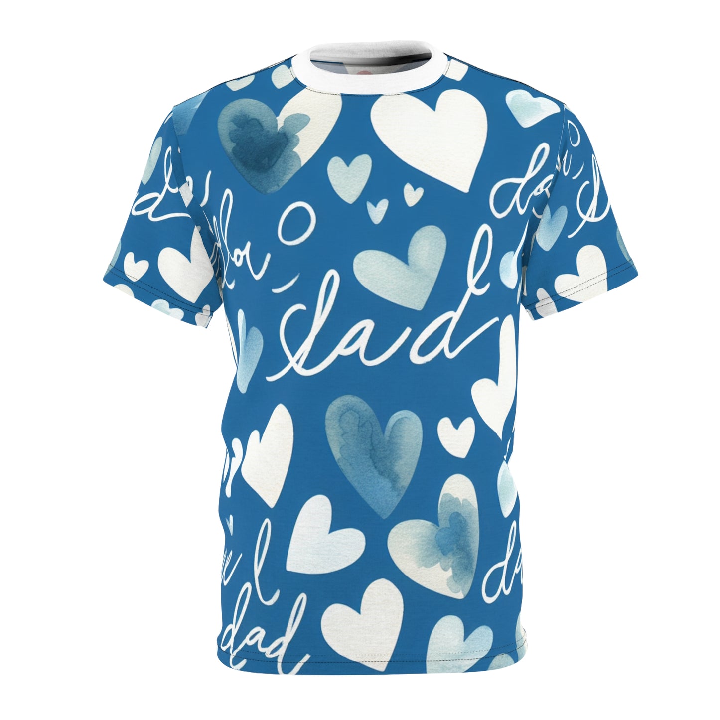 Father's Day Casual Love Theme T-Shirt - Watercolor Heart Pattern & Handwritten Kid's Scribble - Bold Blue Color - Gift for Him