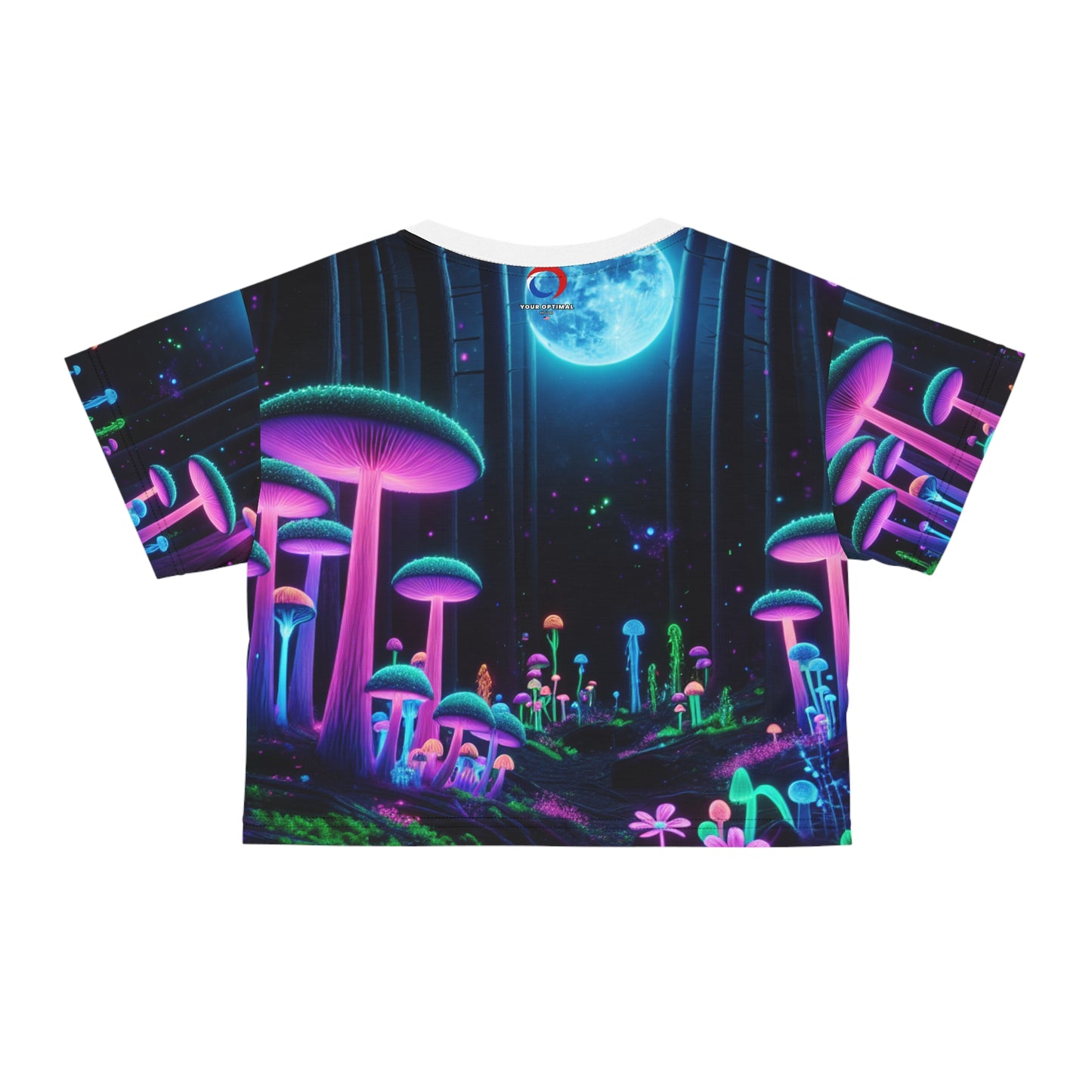 Ethereal Moonlight Enchantment: Blacklight Crop Tee, Neon Mushroom Forest & Luminous Fireflies - Women's Blacklight Tee