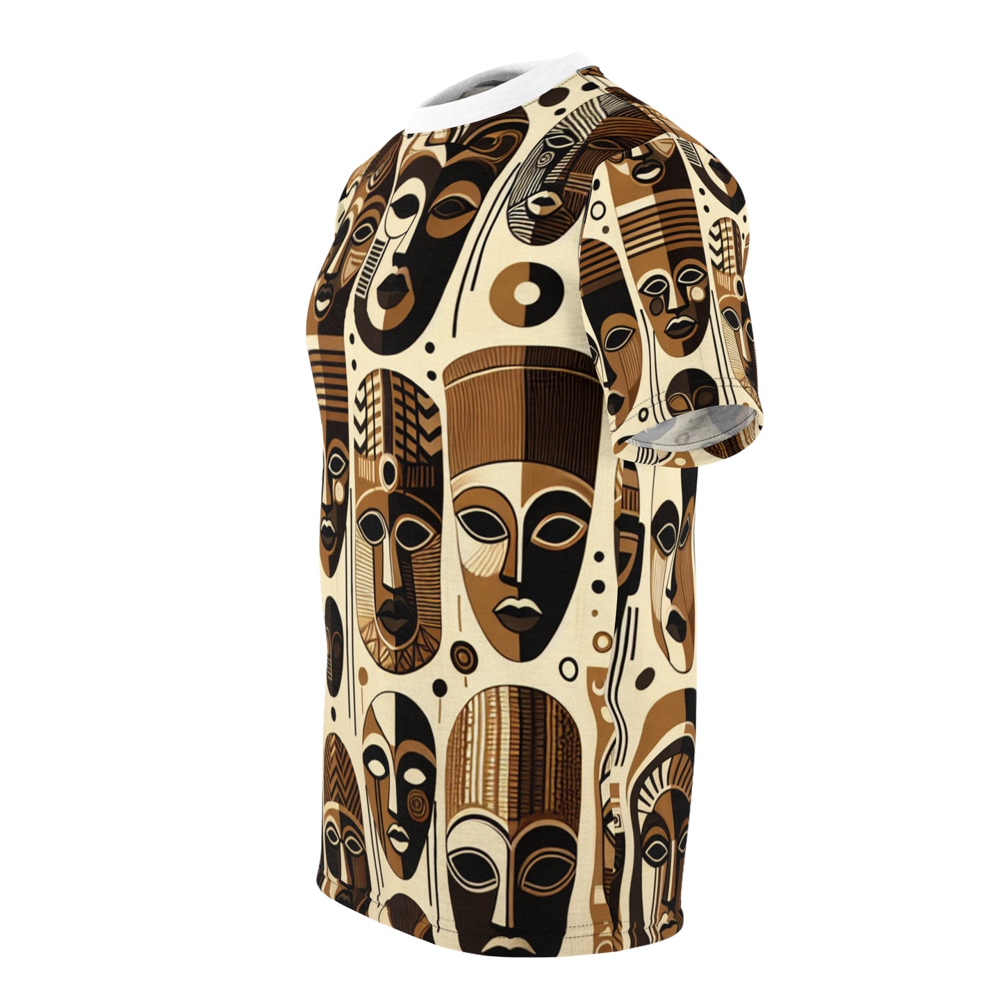 African Heritage Tapestry T-shirt: Monochrome Mask Design with Vivid Orange Details - African Tribal Pattern-Inspired Tee