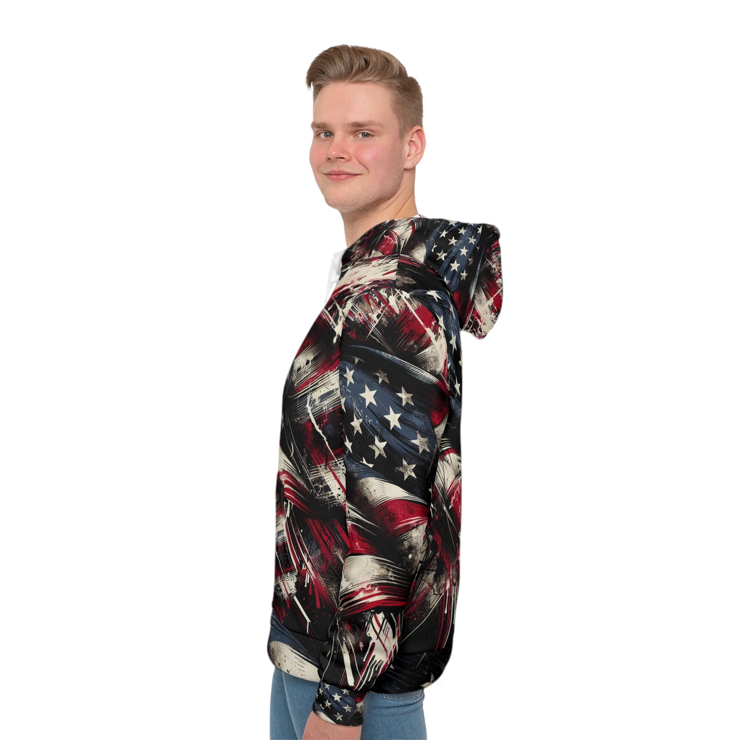 Intense Urban Patriotism: Grunge Streetwear Hoodie with Distressed Graffiti American Flag Artwork, Raw Energy Street Fashion