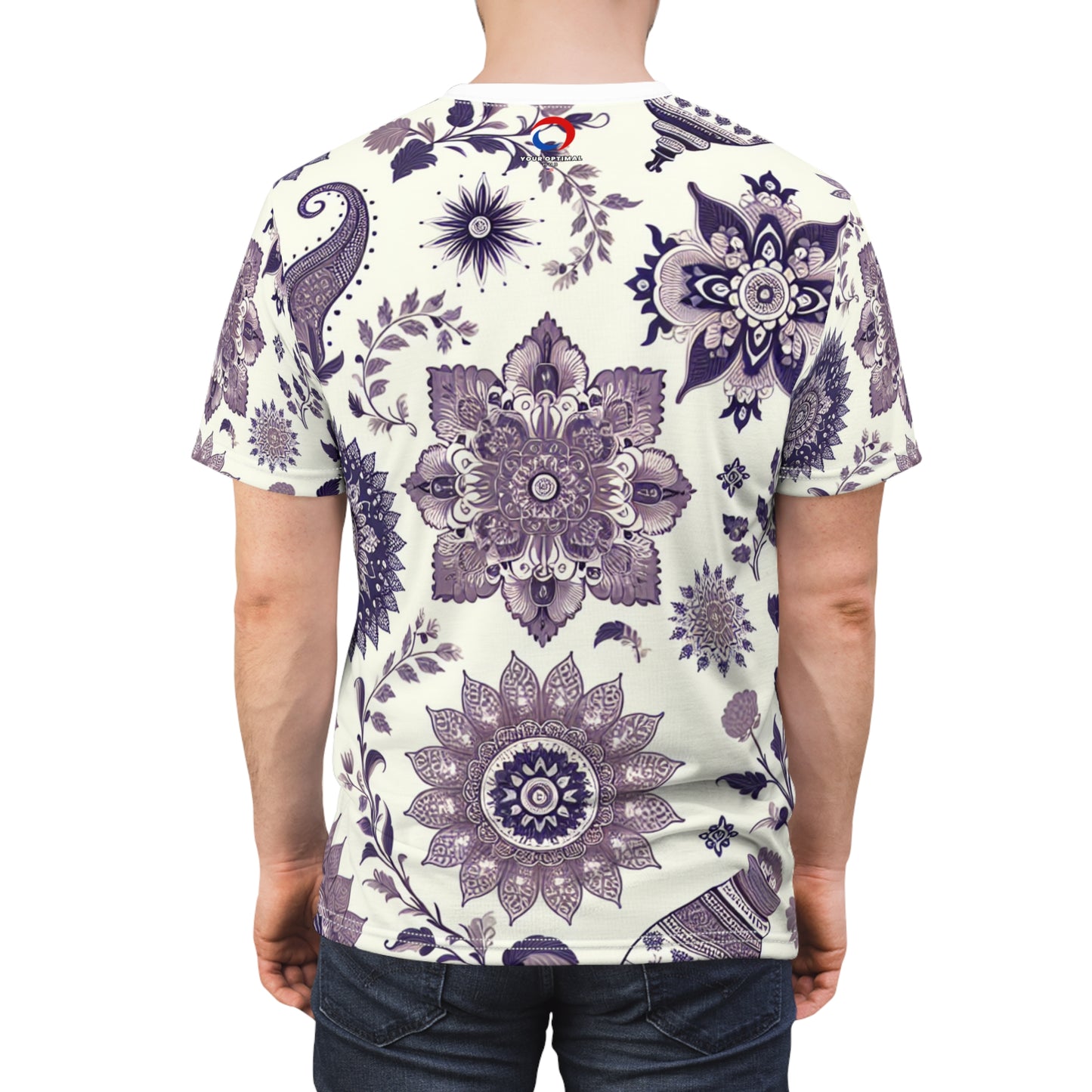 Traditional Indian Motifs T-Shirt: Minimalist White & Purple Indian Motif Collection - Intricate Floral & Geometric Seamless Pattern Designer Tee