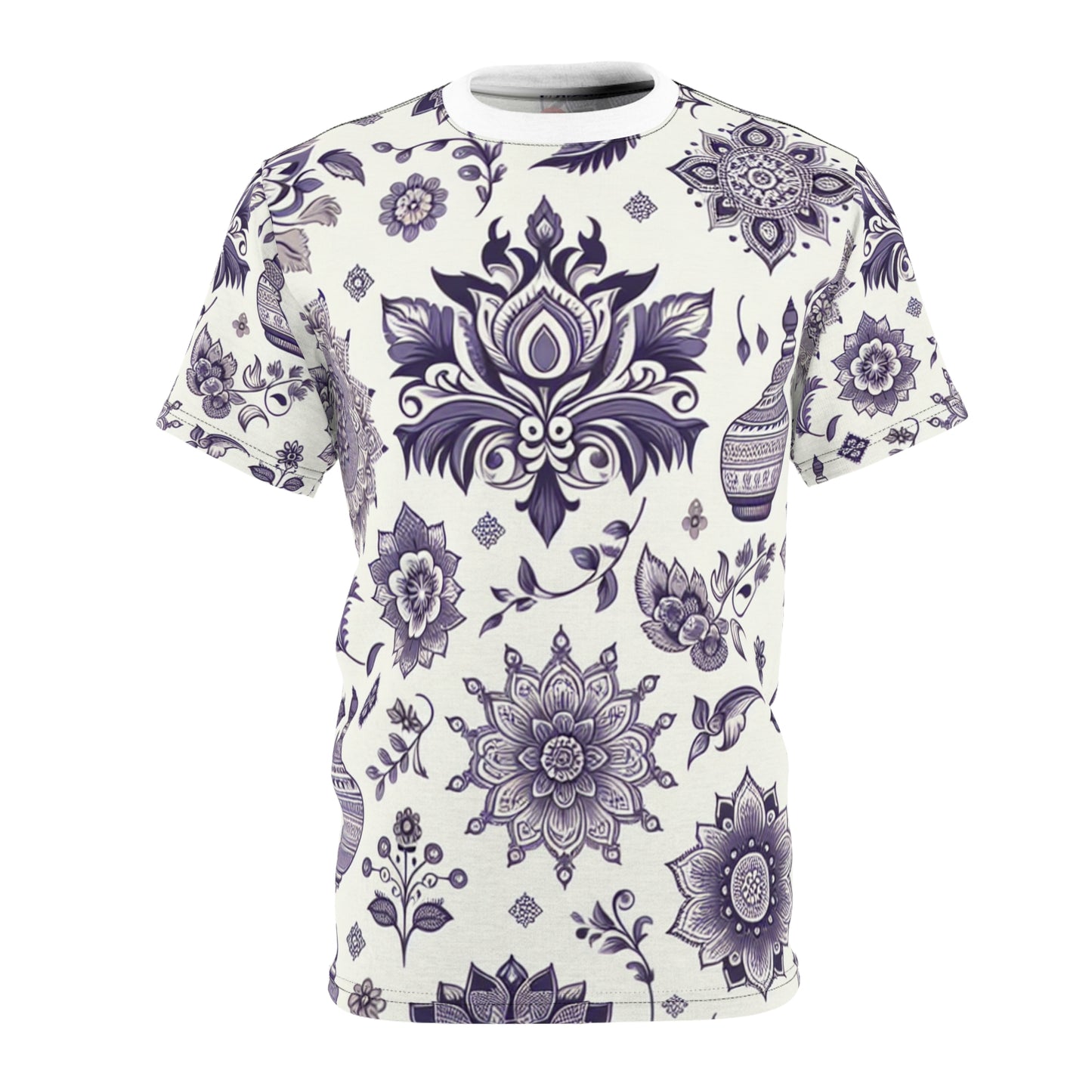 Purple and White Traditional Indian Motif Patterned Seamless T-shirt - Intricate Floral and Geometric Modern Design - Indian Streetwear