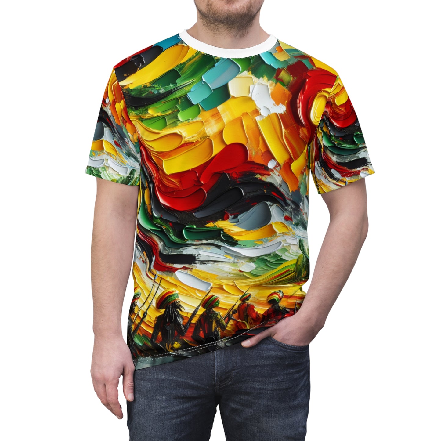 Vibrant Rastafari Abstract Art T-shirt - Unity, Freedom & Sun, Impasto Splatter - Rastafarian Abstract Art-Inspired Tee