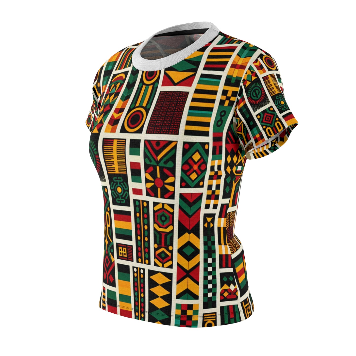 Bold Pan-African Tribute Women's Tee: Vibrant Geometric & Cultural Symbolism in Kente, Adinkra Patterns - African Tribal Pattern-Inspired