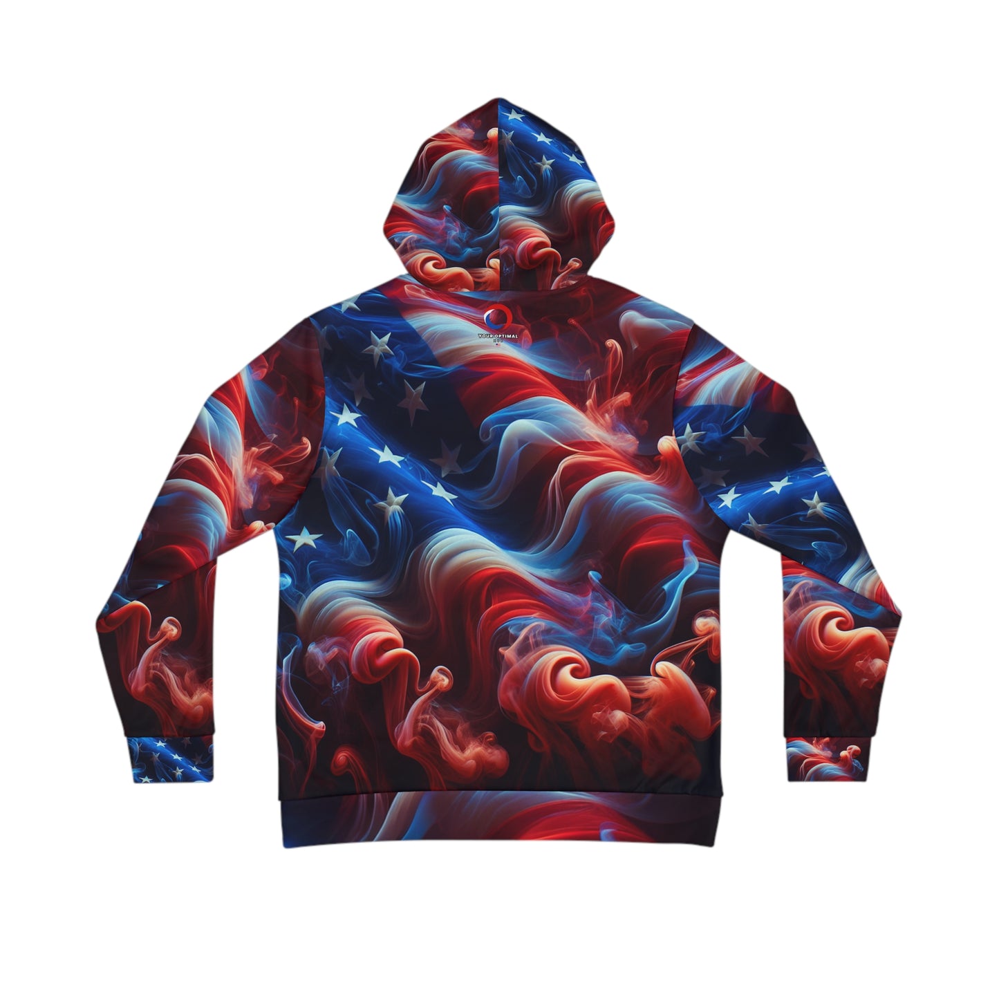 Mystical Dreamland USA Flag Infused Sweatshirt - Artistic Fluid Smoke Design Unisex Hoodie - Deep Red to Rich Blue Transitioning Colors