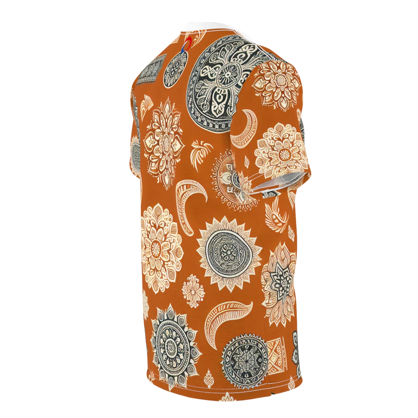 Orange Indian Motif T-Shirt – White Floral & Geometric Pattern, Minimal Ethnic Wallpaper Tee, Traditional India Design Apparel