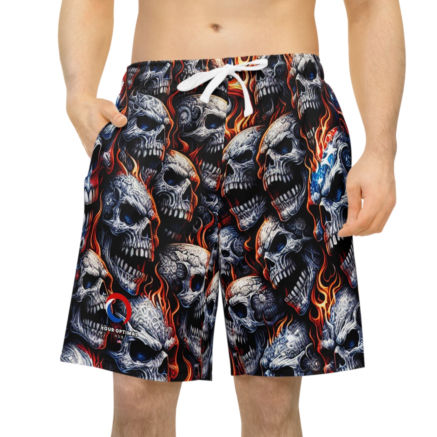 Patriotic Inferno: Skull Blaze Tattoo-Style Shorts - Patriotic Streetwear Shorts