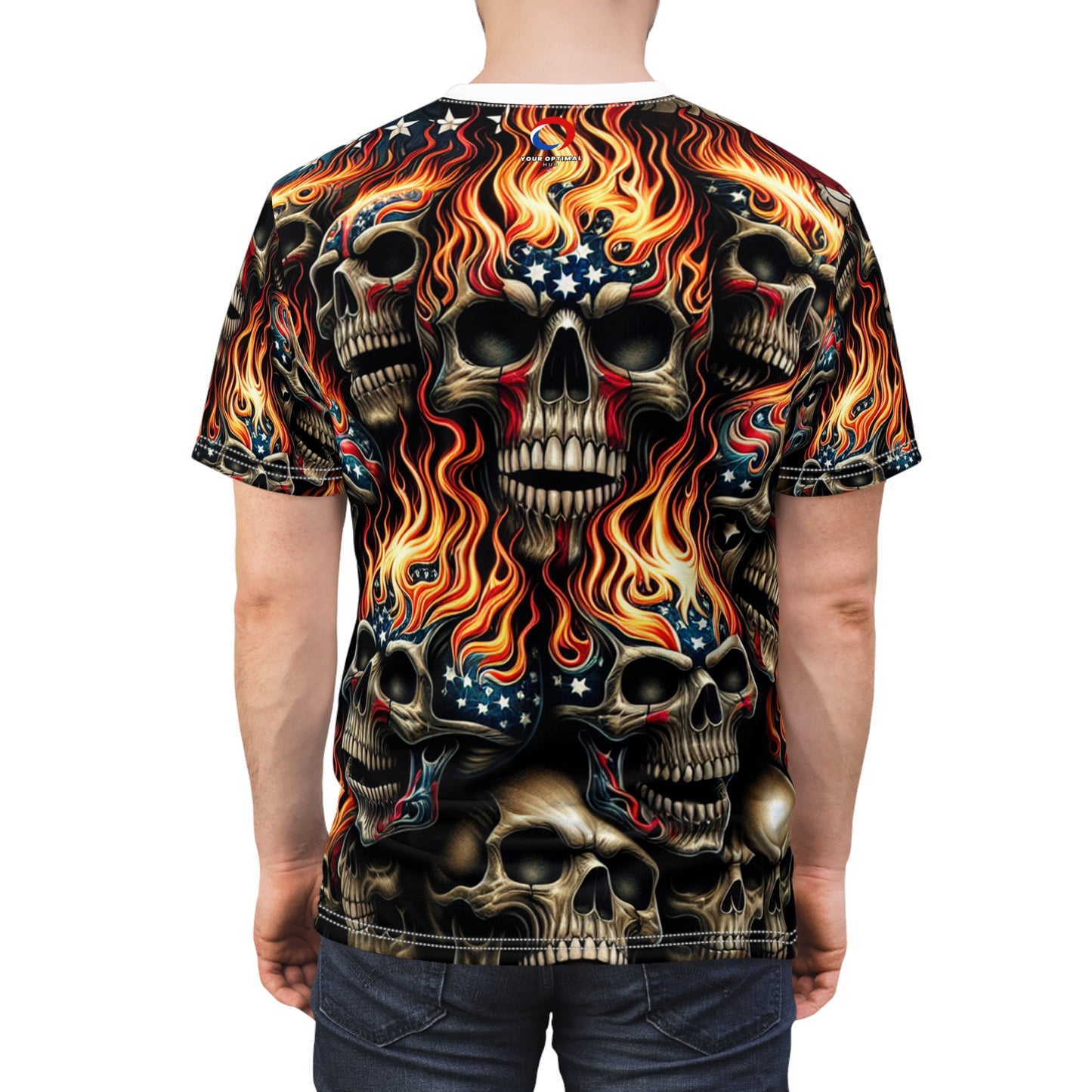 Flaming Patriot: Fiery Skulls and Stripes Extraordinaire T-Shirt - Patriotic Apparel