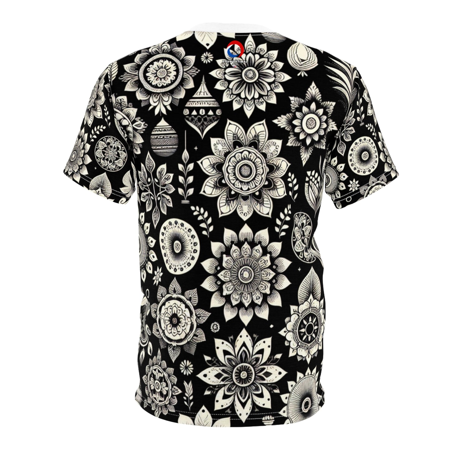 Indian Heritage Motif Collection: Intricate Floral & Geometric Designs on a Monochrome Black & White Seamless Pattern T-Shirt