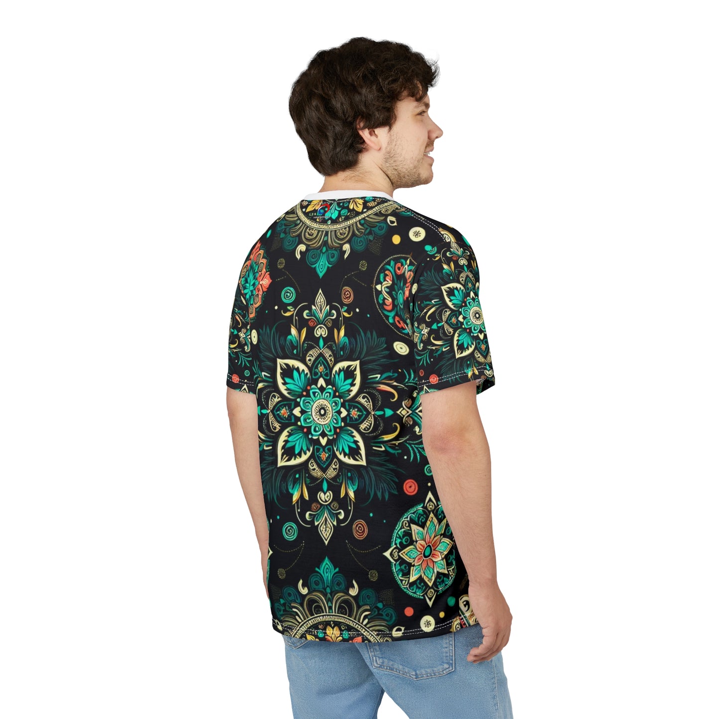 Neon UV Indian Motif Tee – Bioluminescent Floral & Geometric Glow Pattern on Black Shirt