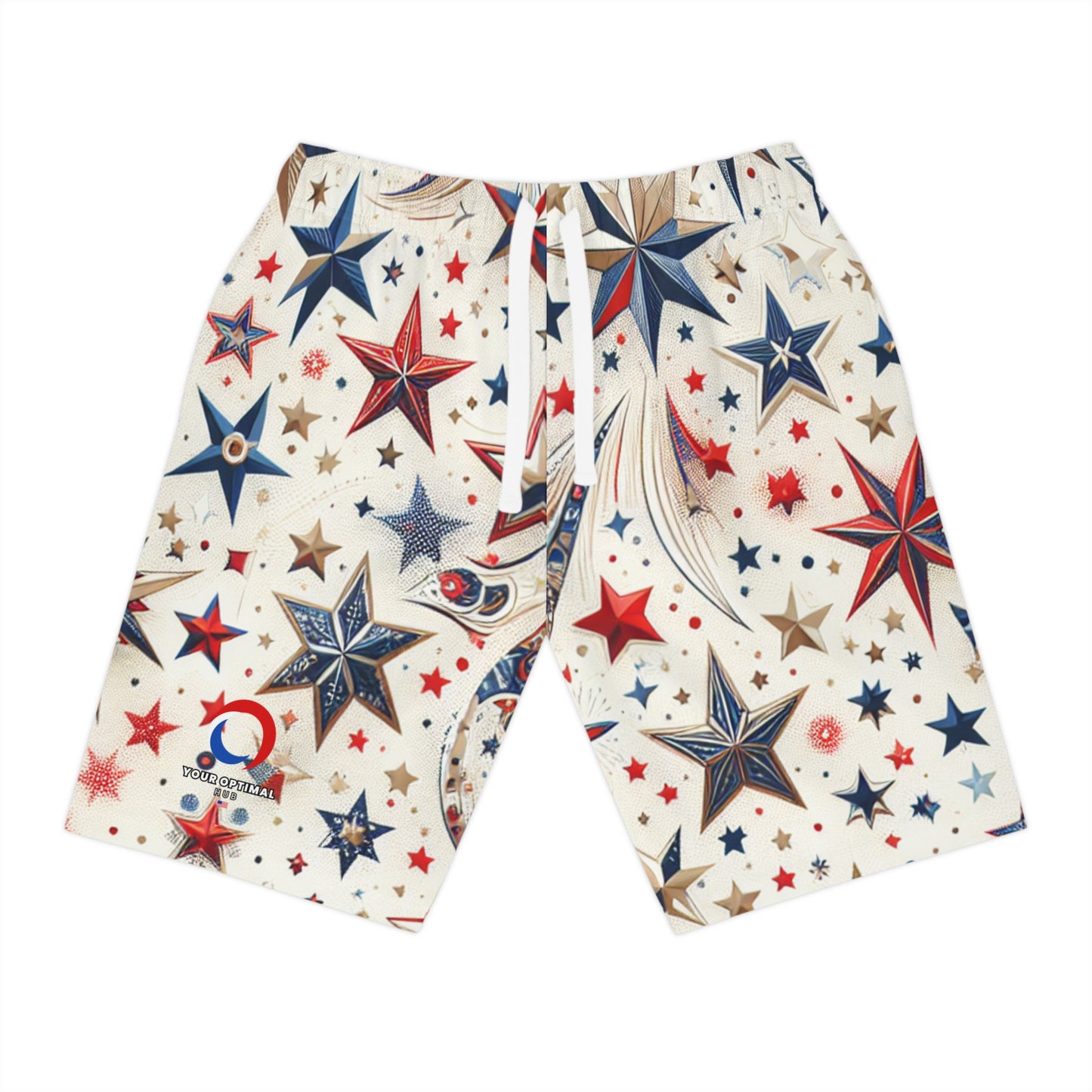 Star-Spangled Festive Shorts - Patriotic Red, Blue, Gold Star Prints on White, Perfect for Independence Day Celebrations - Patriotic Streetwear Shorts