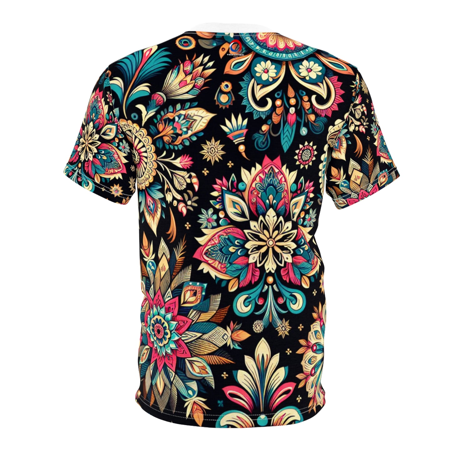 UV Reactive Boho-Chic T-Shirt with Intricate Neon Indian Motifs on Black Background - Scattered Geometric Floral Design