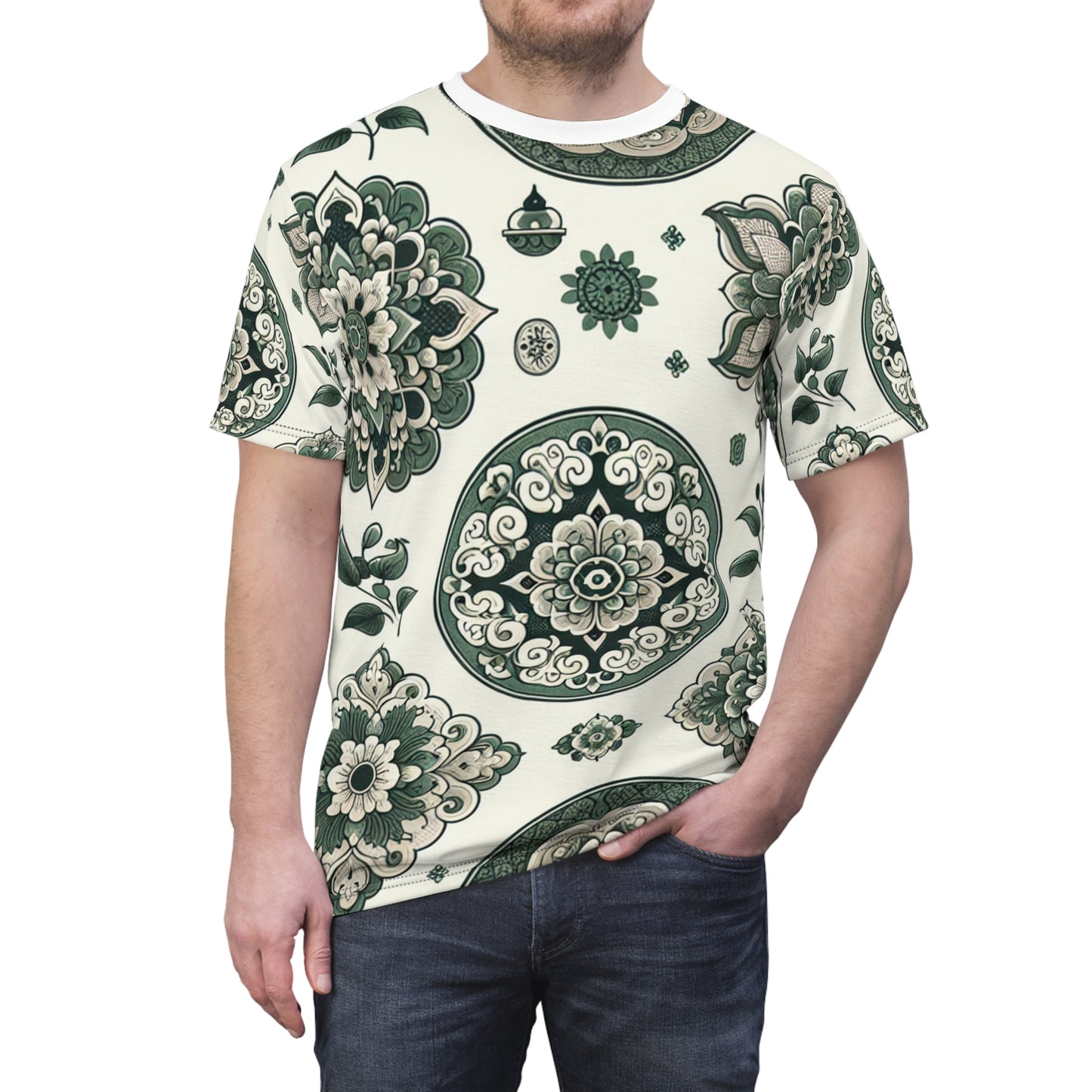 Classic Indian Motif T-Shirt - Intricate Geometric & Floral Design in Green on White - Modern Minimalist Apparel Inspired by Traditional Indian Motifs
