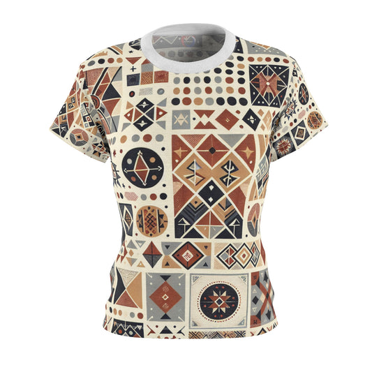 Berber Legacy: Women's Earthy-tone Storytelling Tattoo Tee with Rich Symbolism & Intricate Geometrics - African Tribal Pattern-Inspired