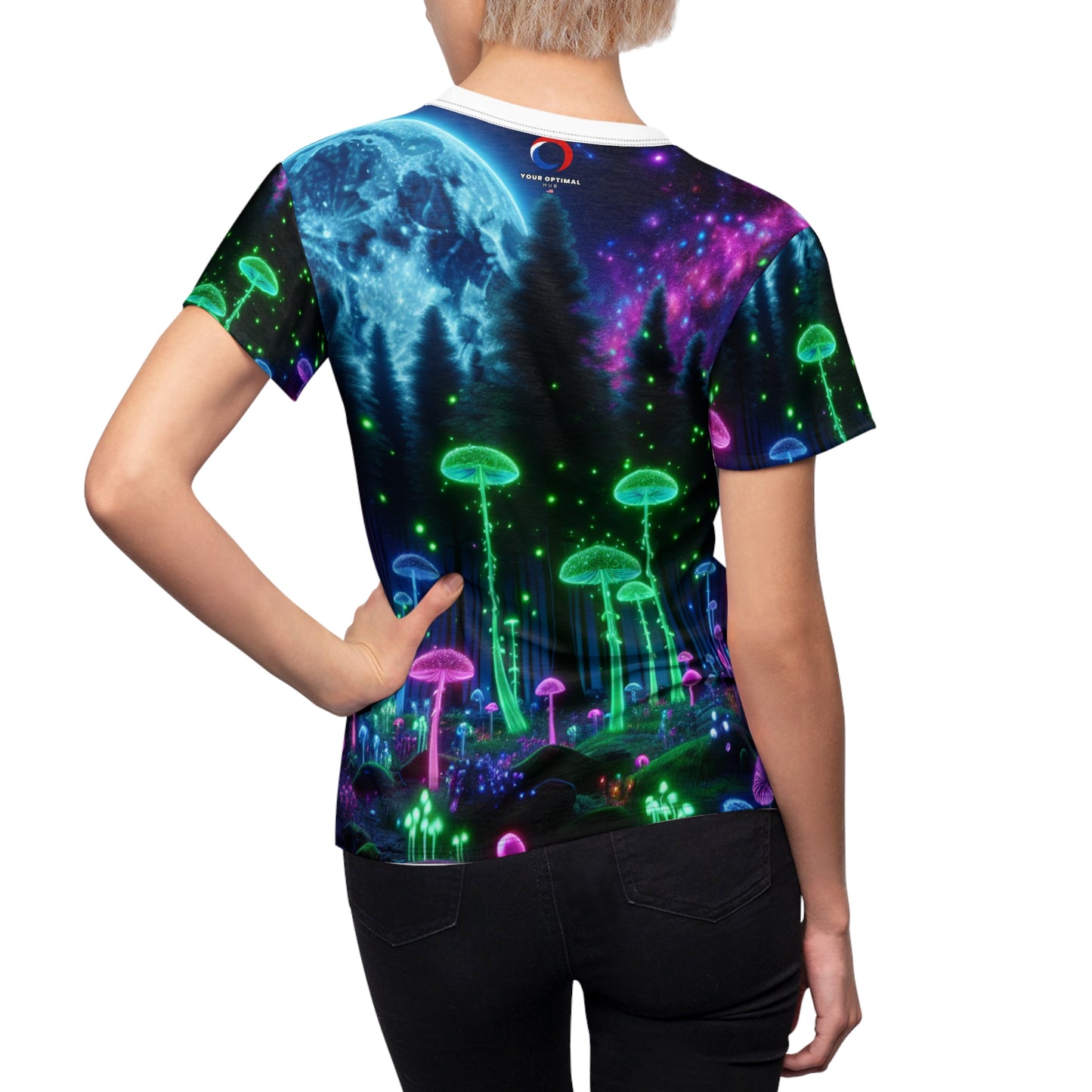 Surreal Ultraviolet Full Moon Forest Tee - Neon Mushrooms, Fluorescent Flora, Ethereal Fireflies Women's Top - Women's Blacklight Tee