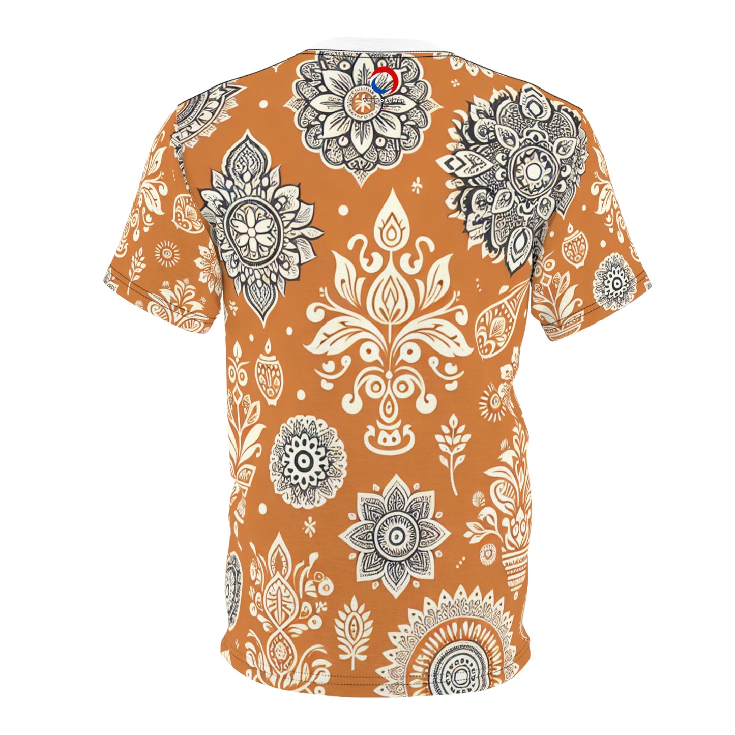 Traditional Indian Motif Print T-Shirt - Luxury Floral & Geometric Seamless Pattern - White on Orange - Modern Ethnic Décor Design Style