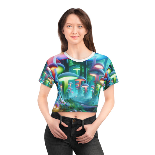 Enchanted 3D Forest Women's Crop Tee: Vibrantly Colored, Hyper-Realistic Wonderland, Surreal Nature Dream-Burst - Women's Trippy Tee