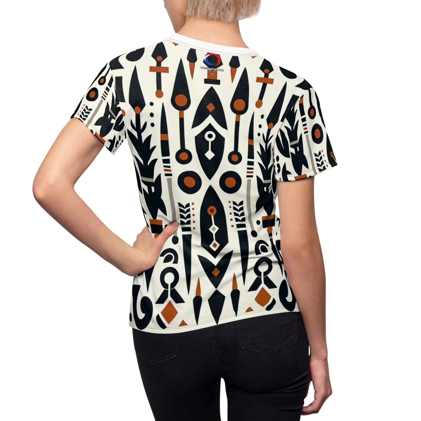 African Heritage Fusion Women's T-Shirt - Monochrome Modern Design with Vibrant Orange Accents, Indigenous Graphics - African Tribal Pattern-Inspired