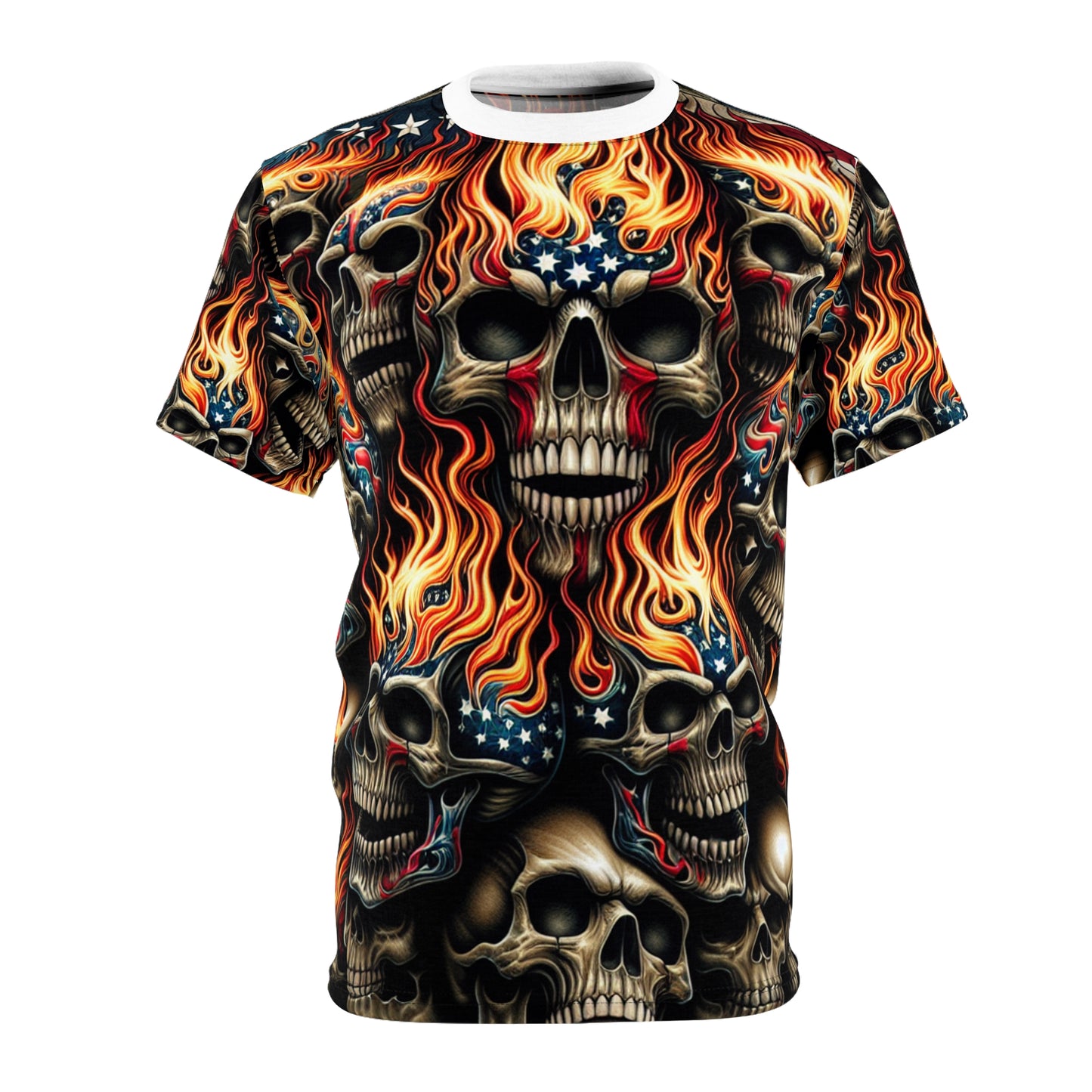 Flaming Patriot: Fiery Skulls and Stripes Extraordinaire T-Shirt - Patriotic Apparel