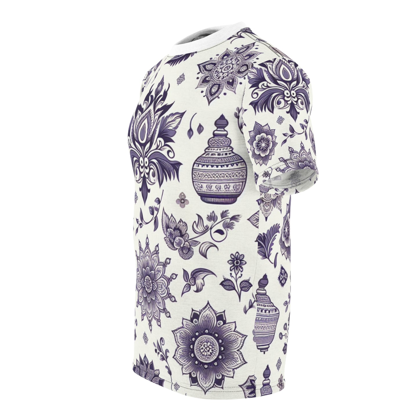 Purple and White Traditional Indian Motif Patterned Seamless T-shirt - Intricate Floral and Geometric Modern Design - Indian Streetwear