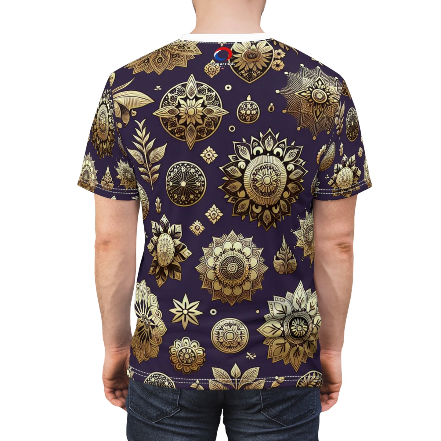 Gold Reflections on Purple: Seamless Indian Motif Pattern T-Shirt, Intricately Designed Traditional & Modern Design Elements - Traditional Indian Motifs Tee