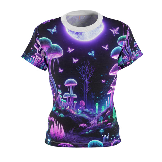 Psychedelic Forest Neon Women's T-shirt: Surreal Blacklight Reactive, Luminous Mushroom & Starry Night Sky - Women's Blacklight Tee