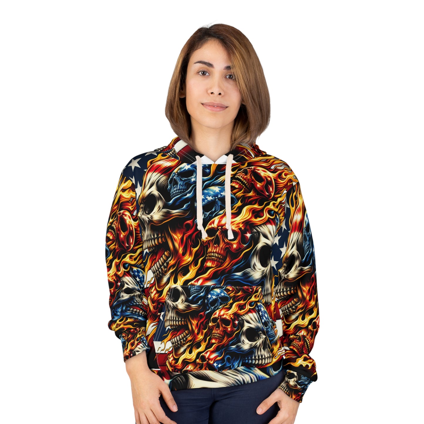 Fiery Skull Hoodie with American Flag Tattoo Style Bold Flames and Patriotic Stars - Patriotic Streetwear