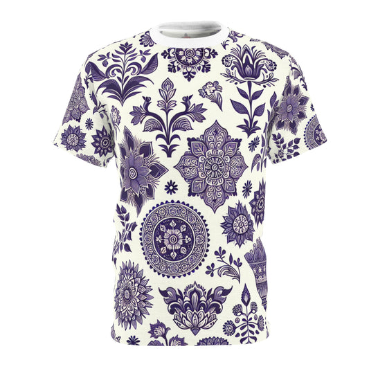 Classic Indian Heritage Seamless Pattern T-Shirt in Purple - Traditional Floral & Geometric Motifs on a White Background - Modern Minimal Aesthetic Apparel