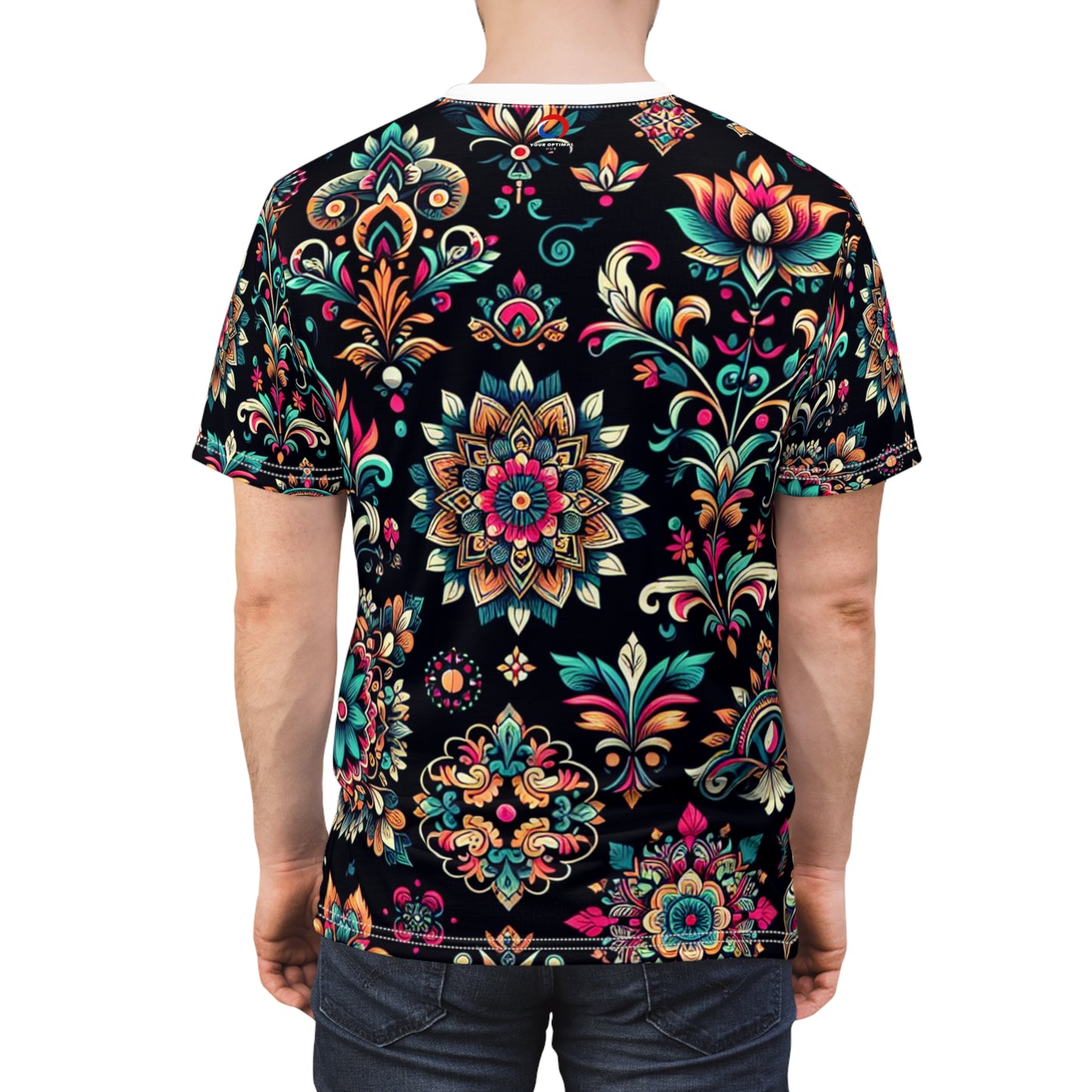 UV-Reactive Bioluminescent Bohemian T-Shirt featuring Scattered Neon Indian Motifs on Black Background