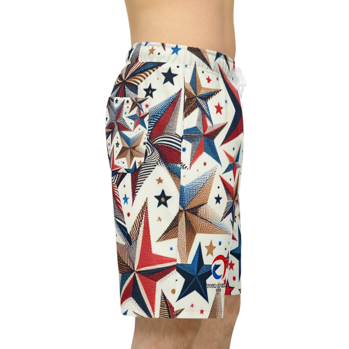 Patriotic Festive Star Pattern Shorts - Independence Day Joyful, Red Blue & Gold, For Celebrations - Patriotic Streetwear Shorts