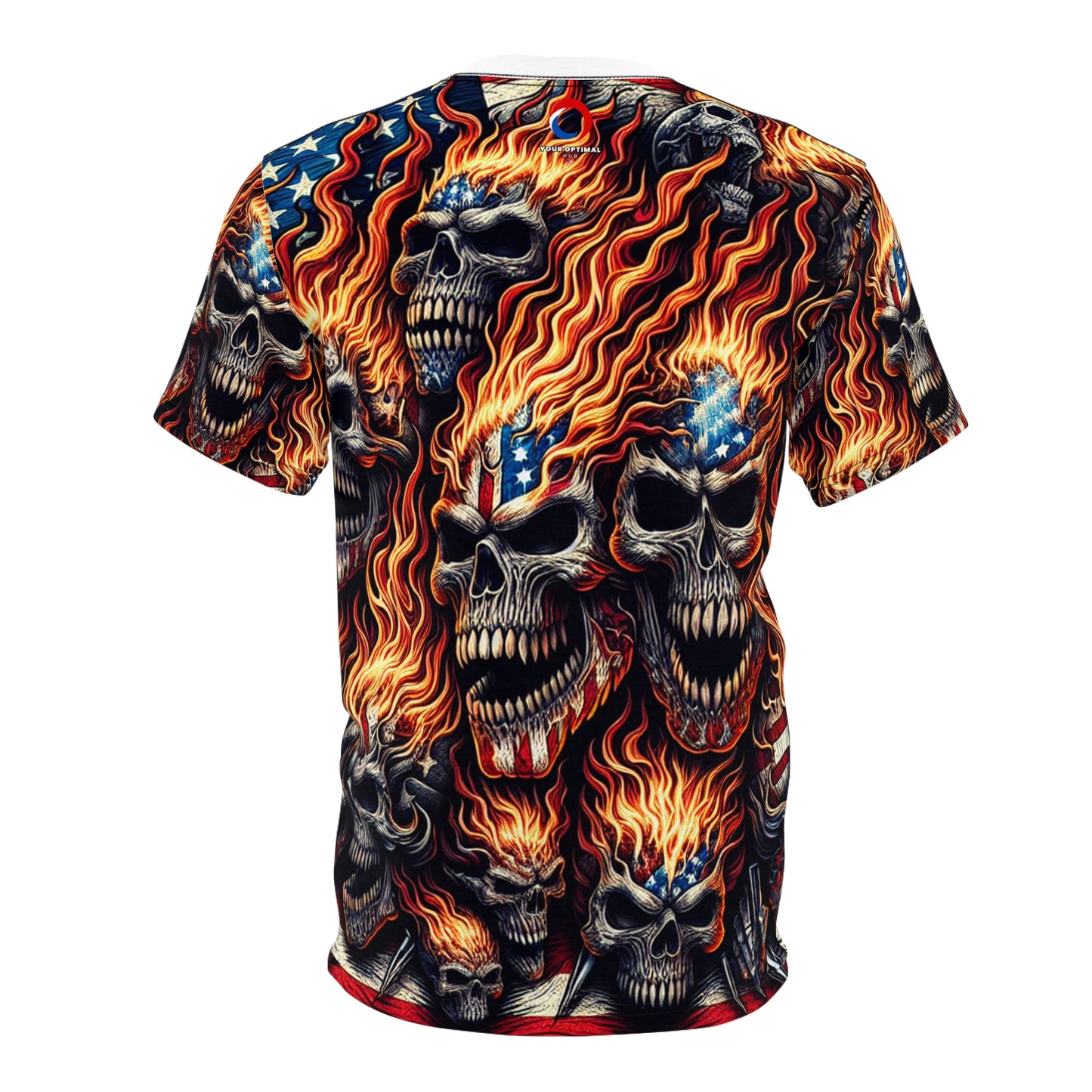 Patriotic Inferno: Scarlet Skull Cascade T-Shirt - Patriotic Streetwear Tee