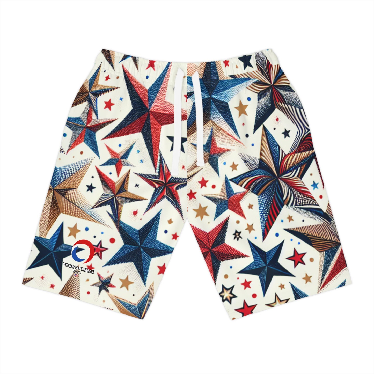 Patriotic Festive Star Pattern Shorts - Independence Day Joyful, Red Blue & Gold, For Celebrations - Patriotic Streetwear Shorts