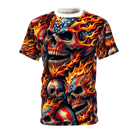 Inferno Patriot: Skull Blaze Mastery in Stars and Stripes Tee - Patriotic Streetwear Tee