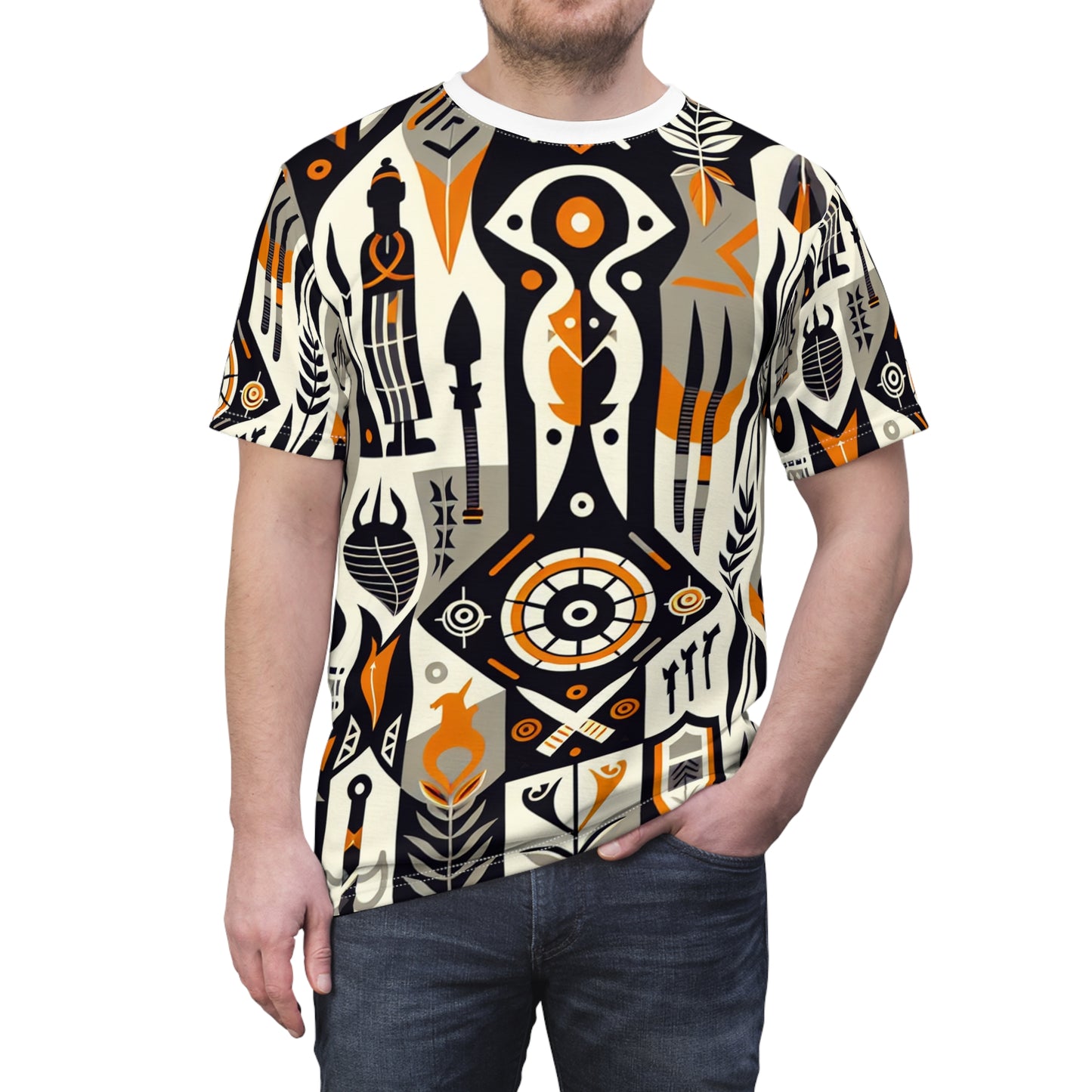 African Fusion Graphic Tee: Monochrome, Orange Highlights, Spearhead & Shield Design - African Tribal Pattern-Inspired