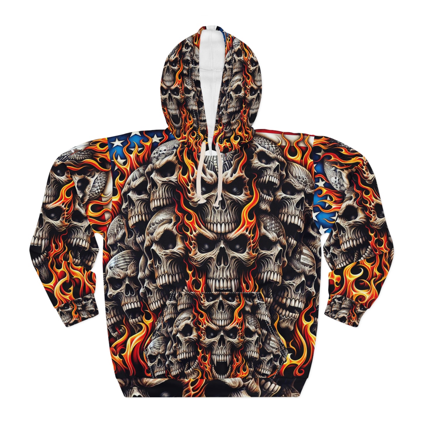 Blazing Skulls Patriotic Tattoo-Style Ultra-Premium Hoodie - Patriotic Streetwear Hoodie