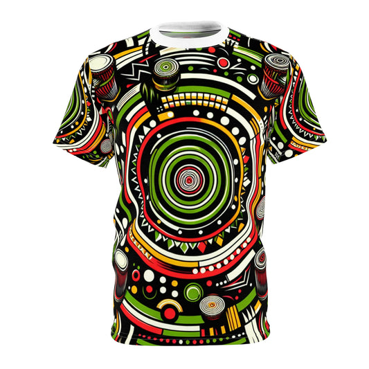 African Rhythm Dance Party T-Shirt: Bold Circles & Radiating Lines in Vibrant Hues - African Tribal Pattern-Inspired Tee