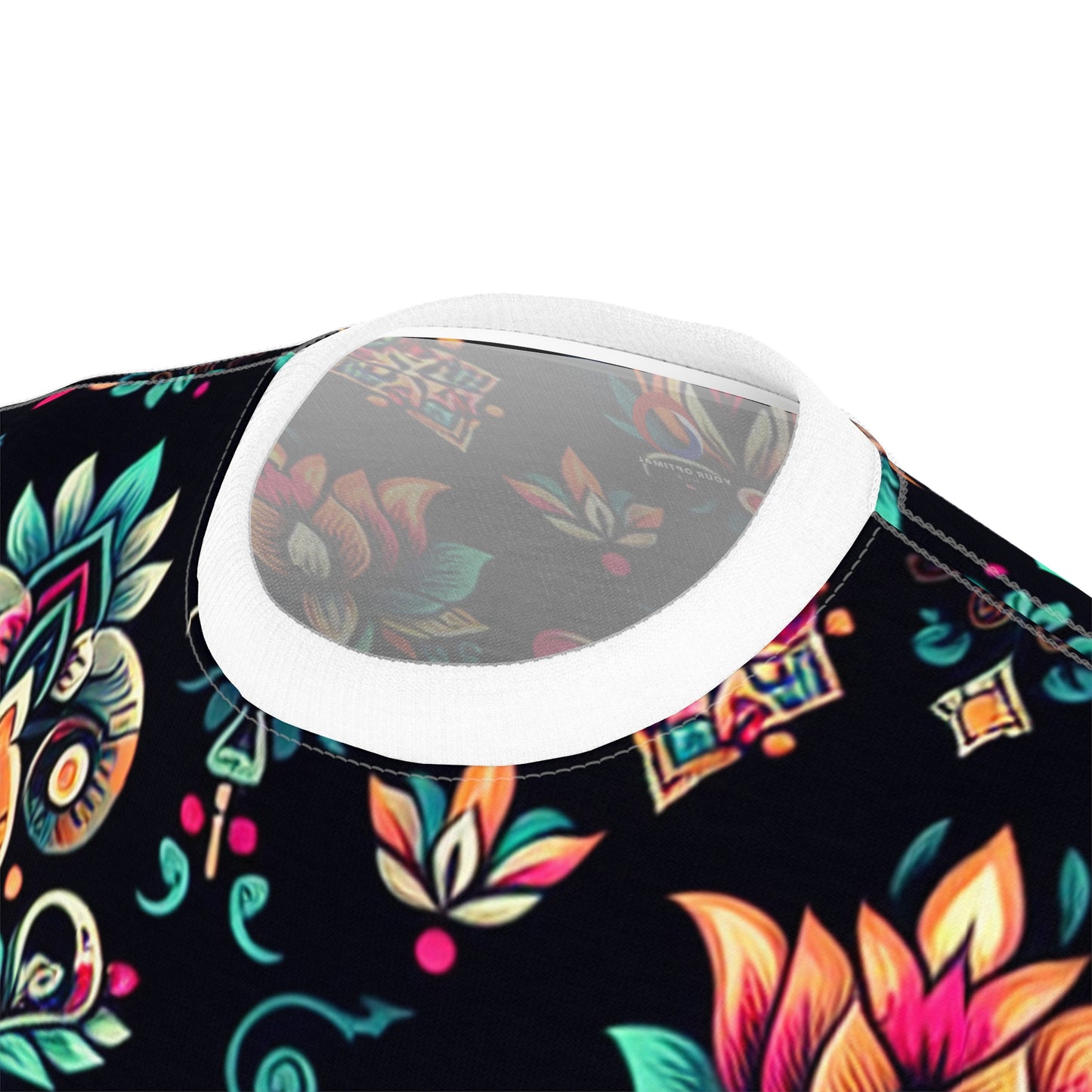 UV-Reactive Bioluminescent Bohemian T-Shirt featuring Scattered Neon Indian Motifs on Black Background