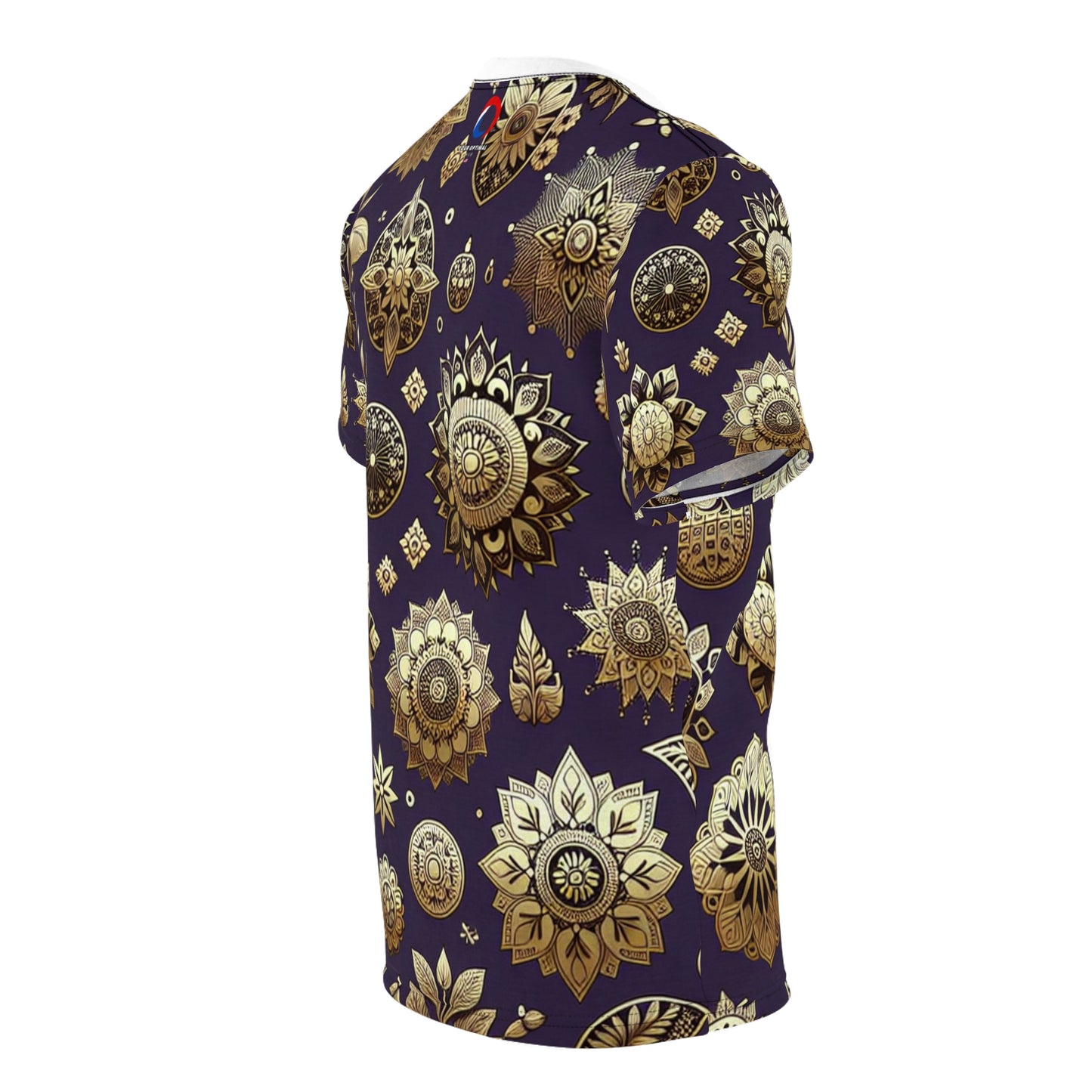 Gold Reflections on Purple: Seamless Indian Motif Pattern T-Shirt, Intricately Designed Traditional & Modern Design Elements - Traditional Indian Motifs Tee