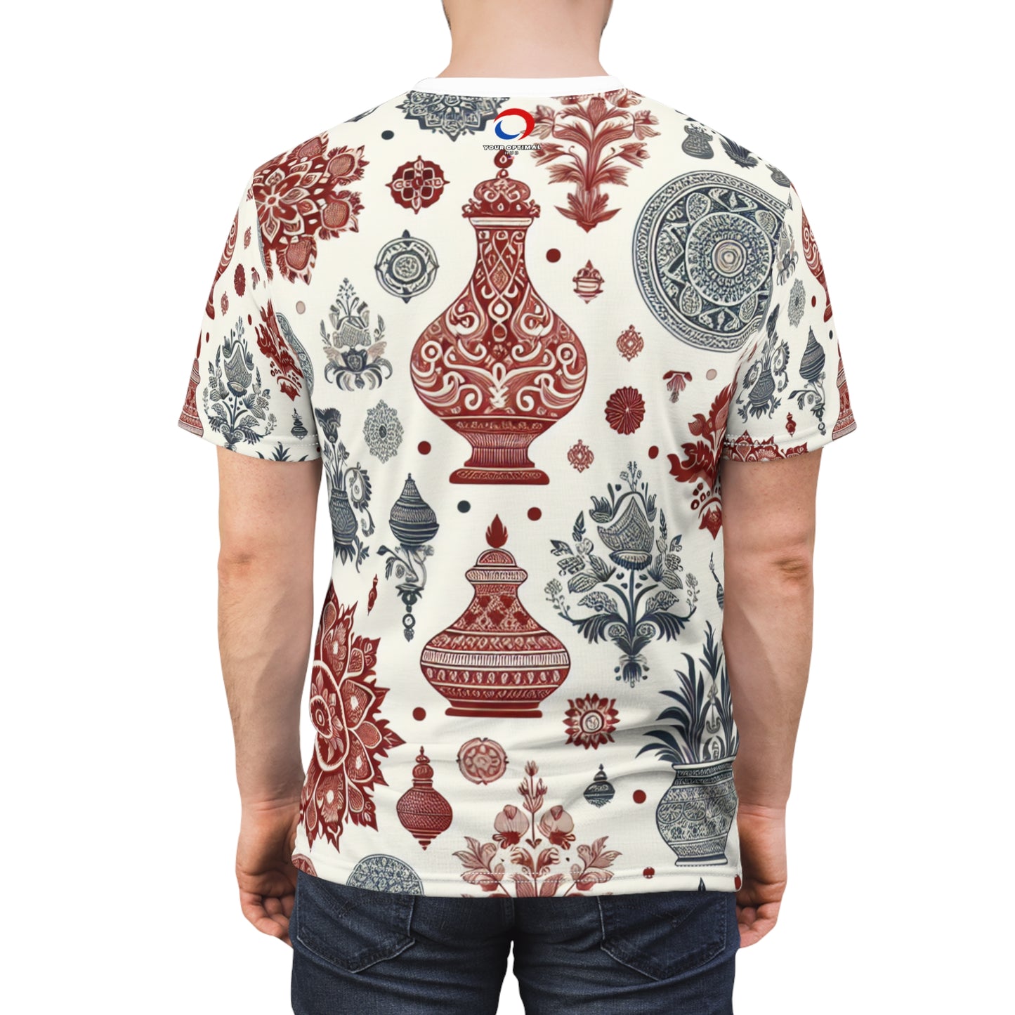 Classic Red and White Indian Motif Seamless Pattern T-Shirt - Contemporary Design with Traditional Floral and Geometric Shapes - Traditional Indian Motifs Tee