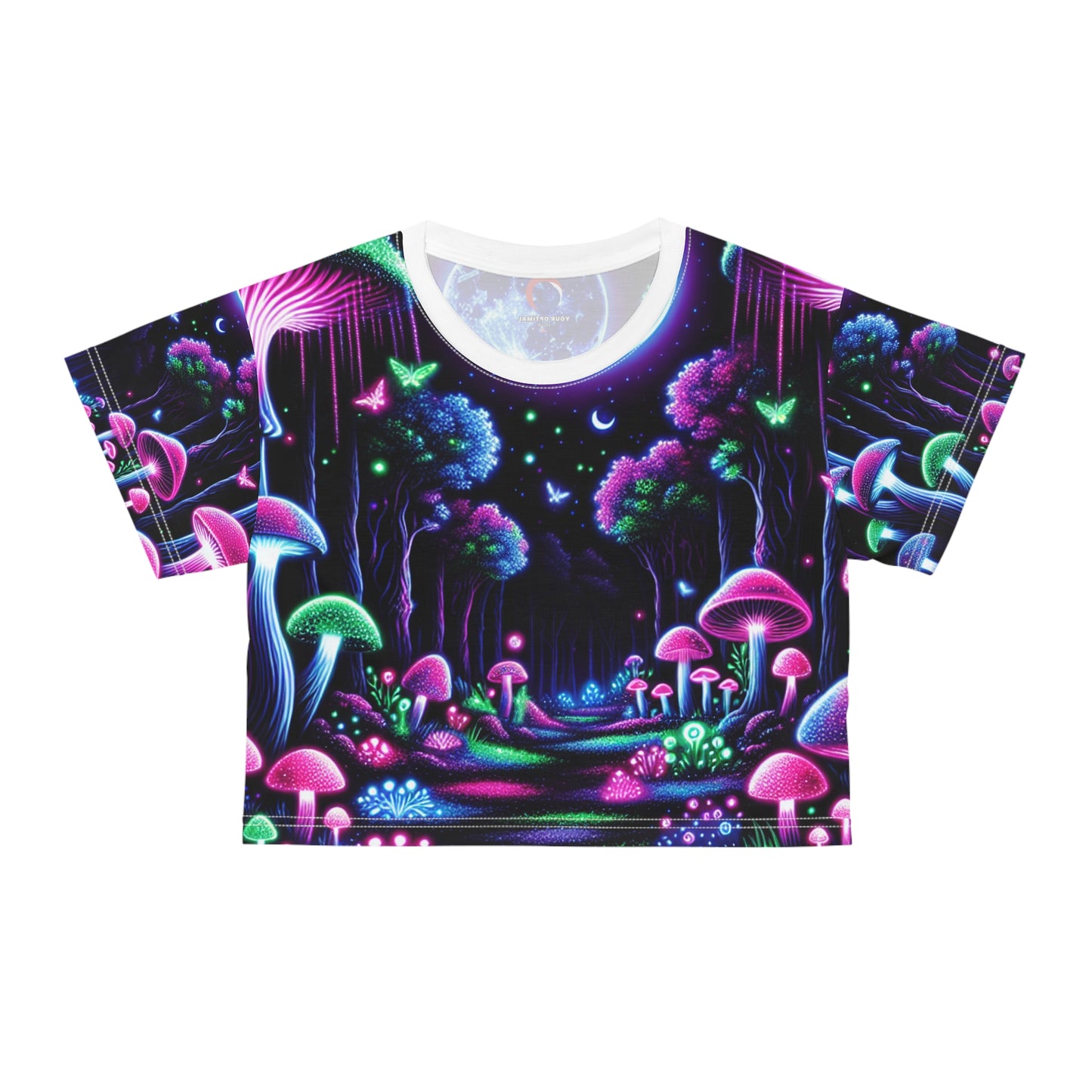 Glowing Moonlit Night Forest Crop Tee - Blacklight-Reactive, Neon Mushroom & Fireflies, Mystical Fashion - Women's Blacklight Tee