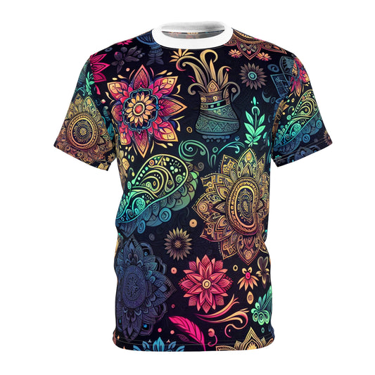 UV Reactive Indian Motif T-Shirt – Neon Bioluminescent Floral & Geometric Pattern on Black – Traditional Desi Style Glow Tee